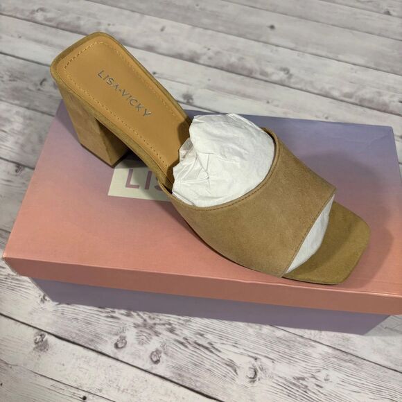 Lisa Vicky Shoes - New Lisa Vicky Tan Kid Suede size 10 Block Heel Mules Slides Sandals Women's